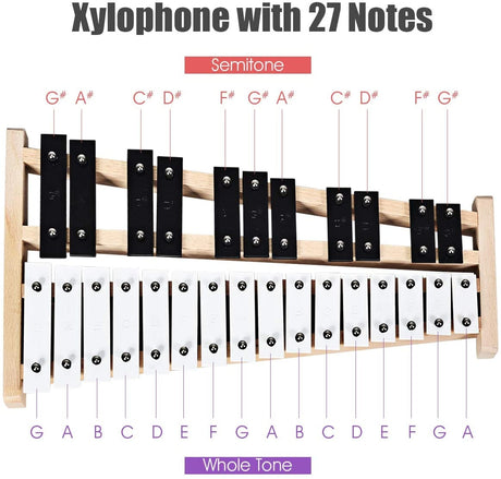 Glockenspiel Xilófono de 27 Notas con 2 Mazos de Goma
