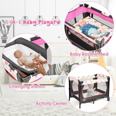 Corral de bebé portátil convertible 3 en 1 con caja de música, ruedas y frenos