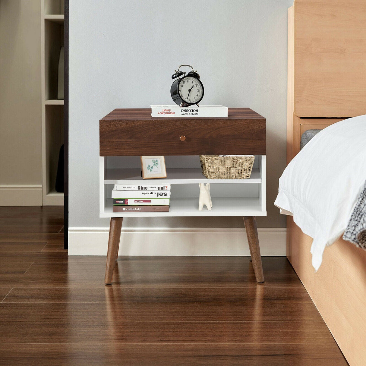 Mesita de Noche Mid-Century con Cajón y Patas de Madera de Caucho