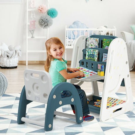 Juego de silla y caballete 2 en 1 para niños con estante para libros y tablero de arte ajustable