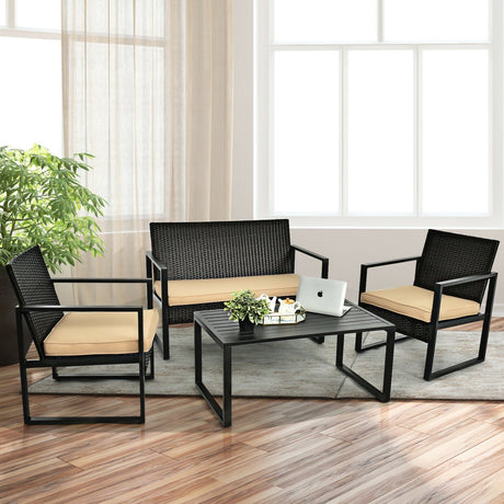 Juego de muebles de ratán para patio de 4 piezas con cojines de asiento y mesa de centro