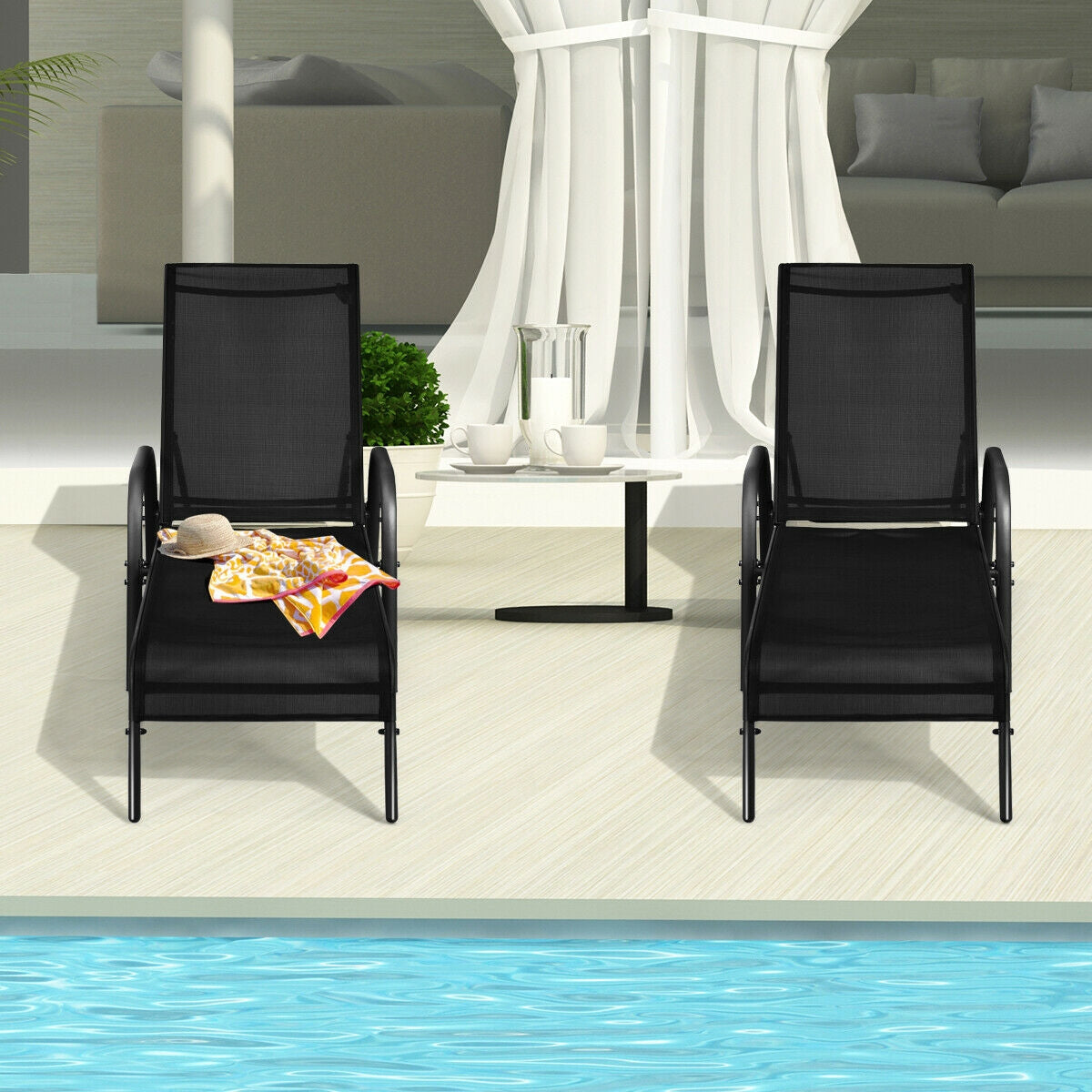 2 sillas de salón reclinables para patio exterior con tela y reposabrazos ajustables - Marrón