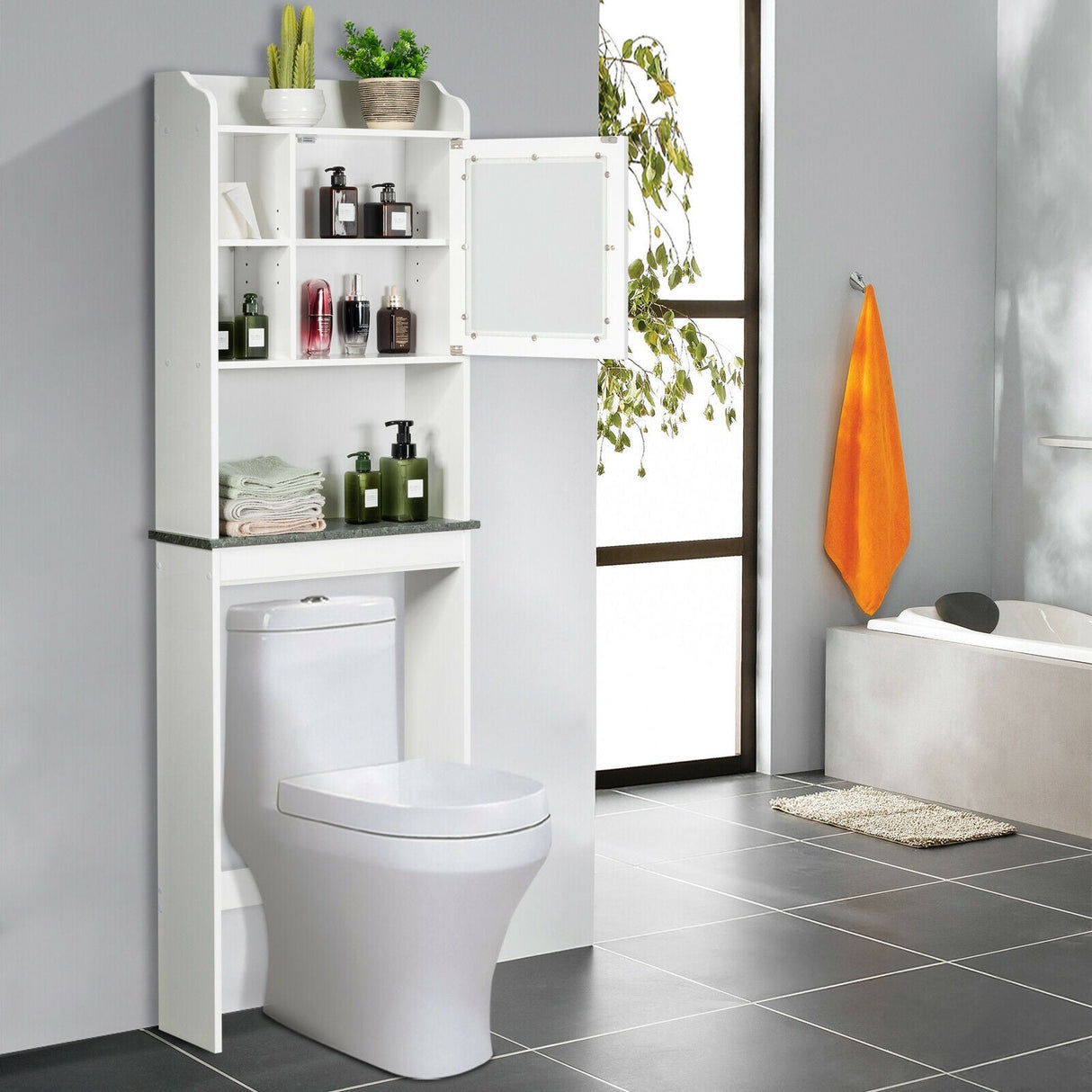 Armario blanco para baño ahorrador de espacio, sobre inodoro