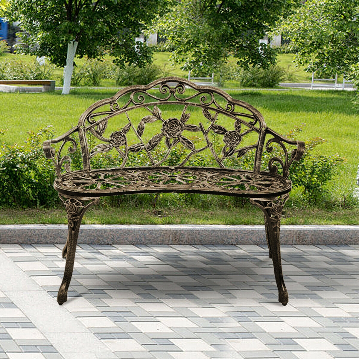 Banco de patio de aluminio fundido para exterior, diseño Rosa Antigua