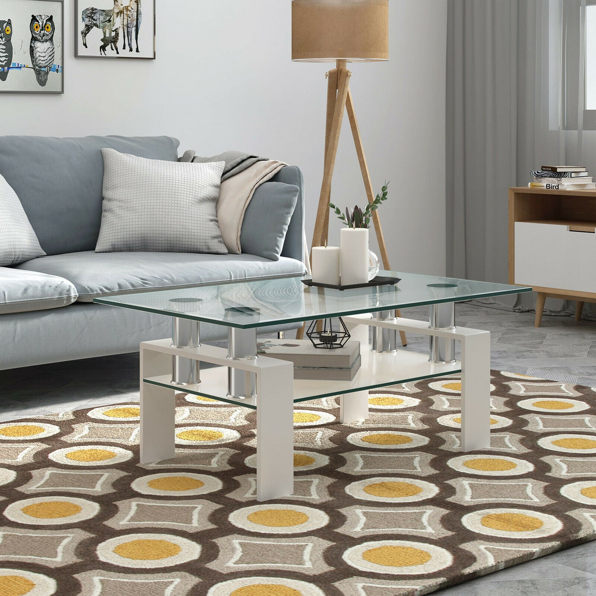 Mesa de centro rectangular de cristal con patas metálicas para salón