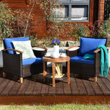 Juego de muebles de patio de ratán de 3 piezas con cojines lavables y tablero de mesa de madera de acacia