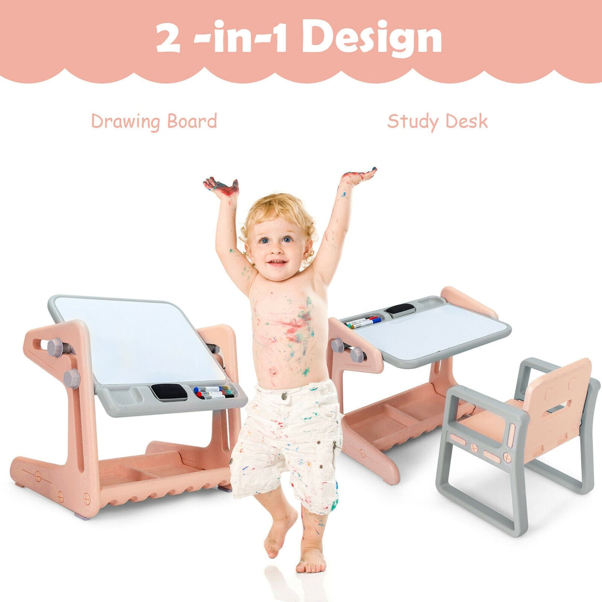 Set de mesa y silla para niños 2 en 1 con caballete y tablero de pintura artística ajustable