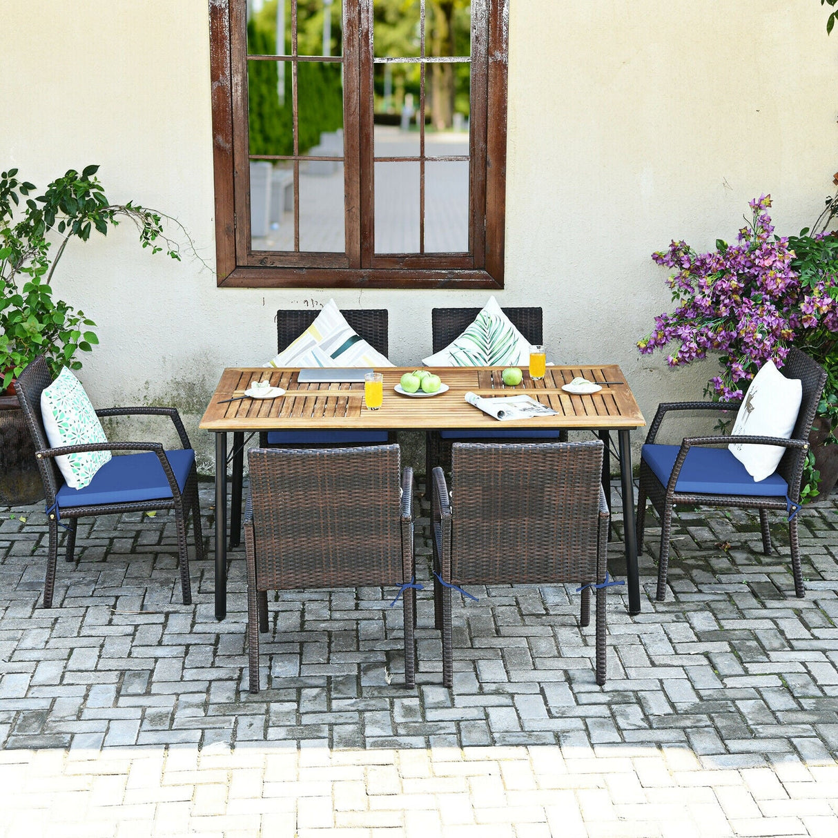 Juego de comedor de ratán acolchado de 7 piezas para patio con agujero para sombrilla