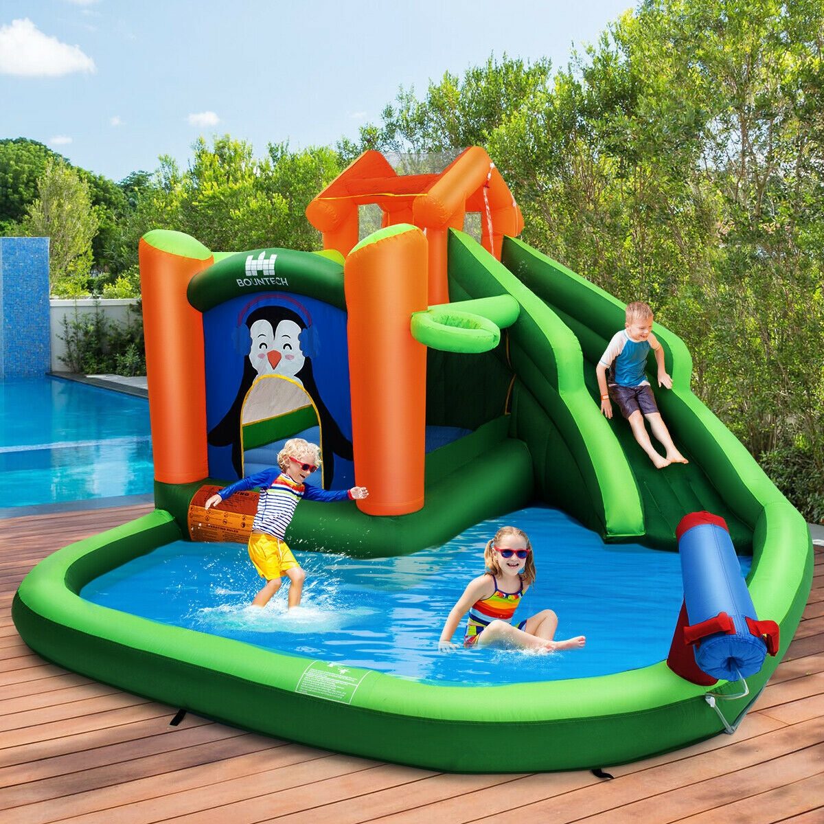 Castillo hinchable con tobogán y parque acuático sin soplador