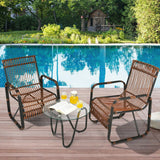 Juego de Muebles de Patio de Ratán de 3 Piezas con 2 Sillas Individuales de Mimbre y Mesa Auxiliar de Cristal