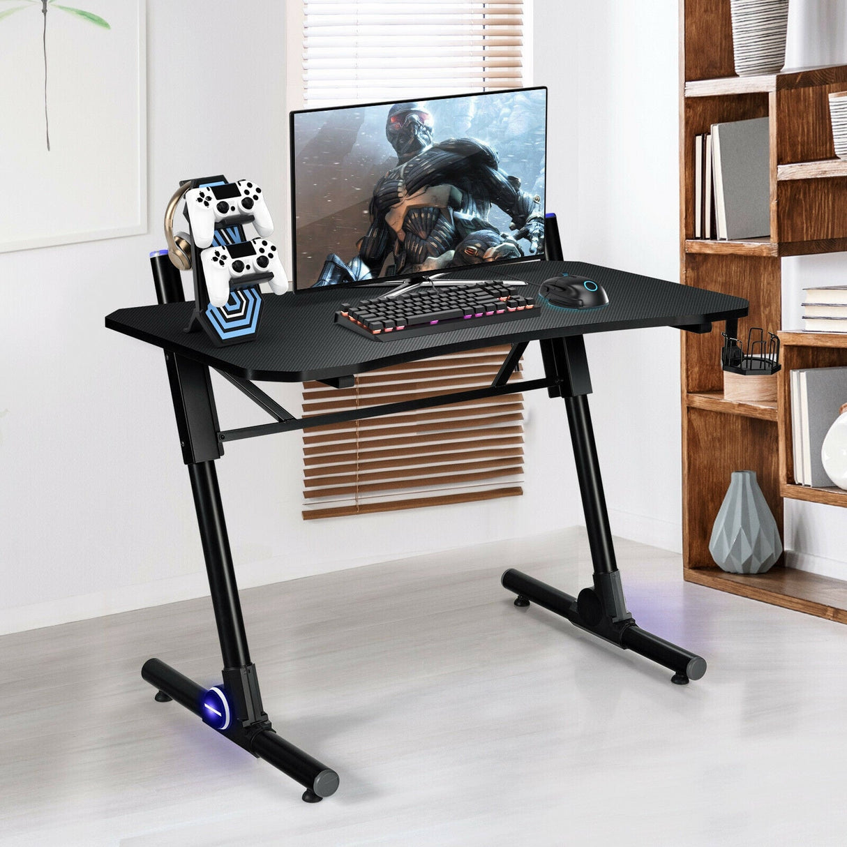 Escritorio de juegos de 43.5 pulgadas de alto, ajustable, con luces LED azules