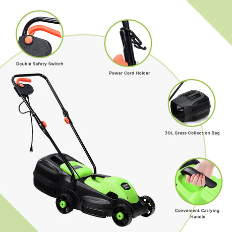 Cortacésped Eléctrico con Cable y Bolsa Recolectora de 13 Pulgadas