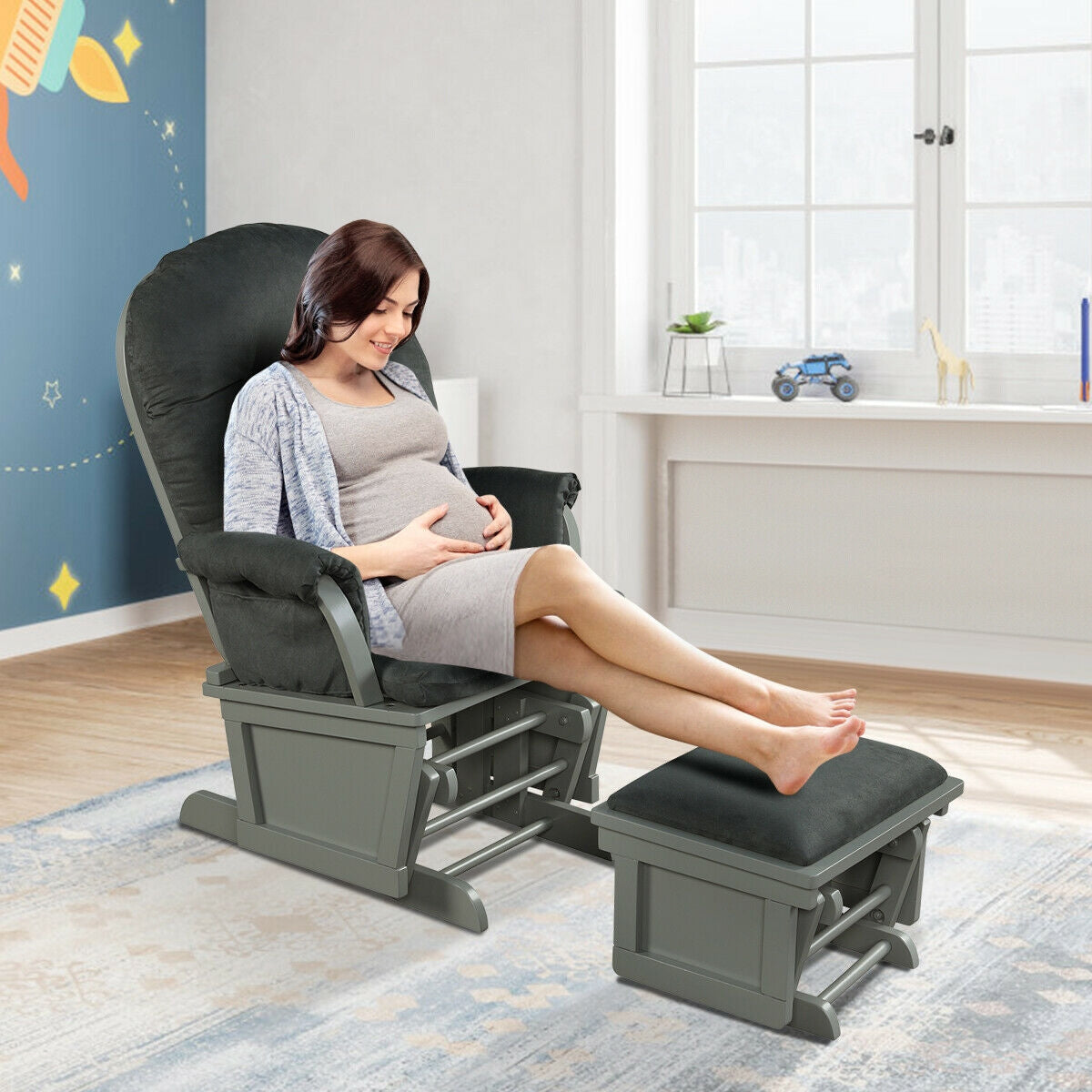 Juego de cojines para mecedora de madera y otomana con reposabrazos acolchados para lactancia