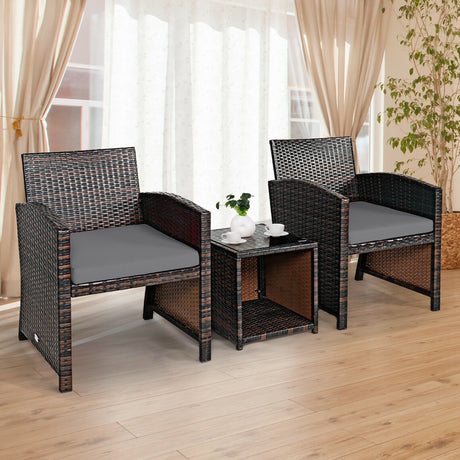 Juego de 3 Muebles de Ratán PE de Mimbre con Cojín Sofá y Mesa de Café para Jardín