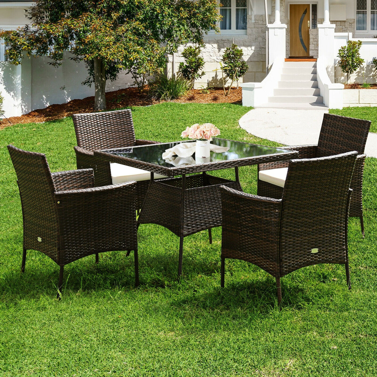 Juego de muebles de comedor de ratán para patio de 5 piezas con sillones y mesa con superficie de madera