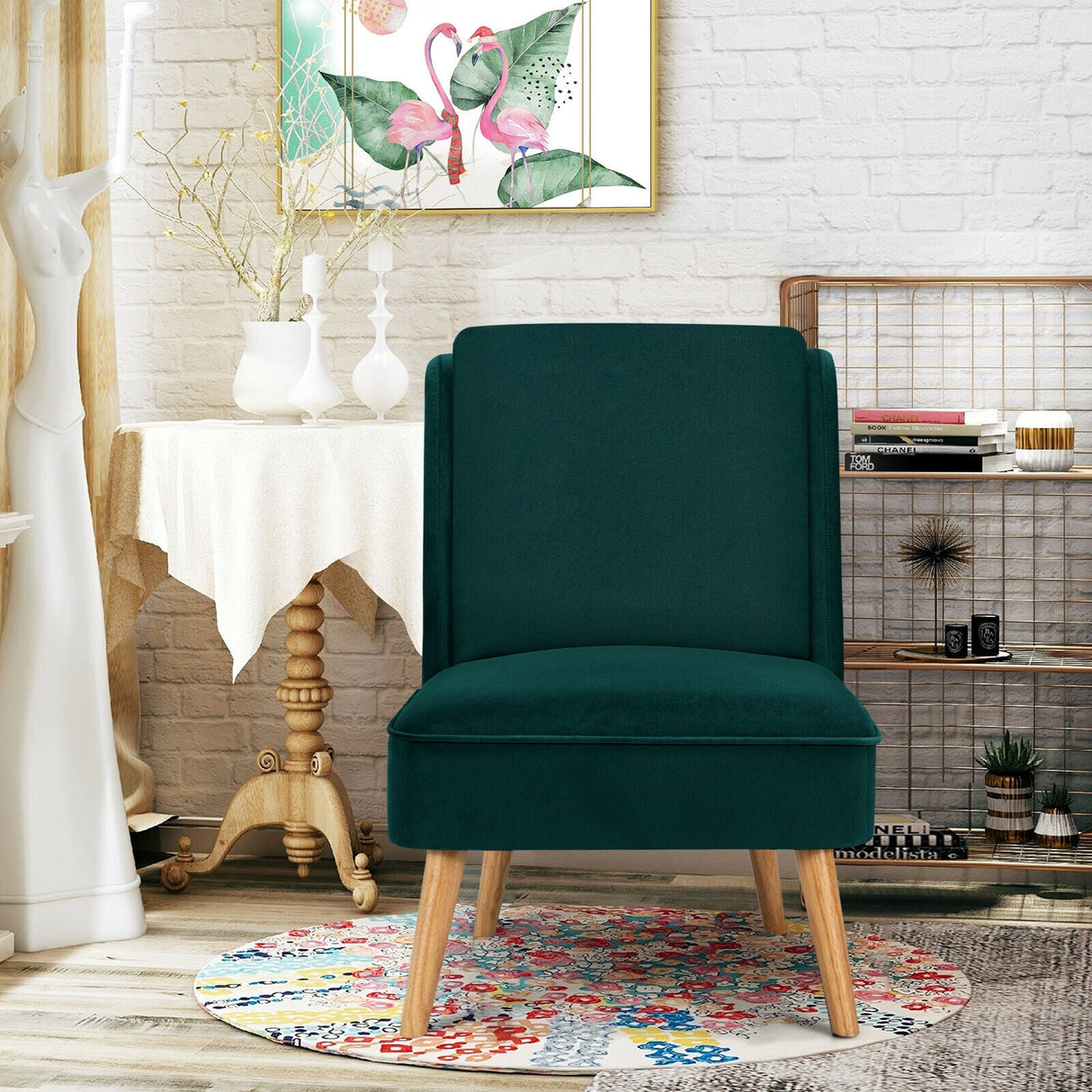 Sillón auxiliar sin brazos de terciopelo con patas de madera de caucho para dormitorio