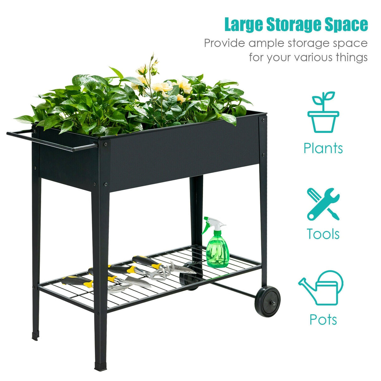 Cama de jardín elevada, maceta alta con ruedas, maceta de acero con estante, negra
