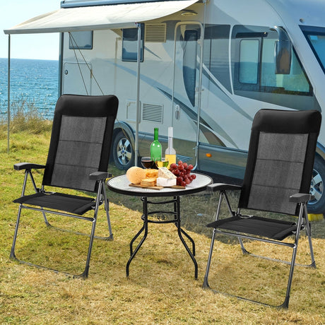 2 sillas plegables portátiles para patio, con reposacabezas ajustable, para camping -Negro