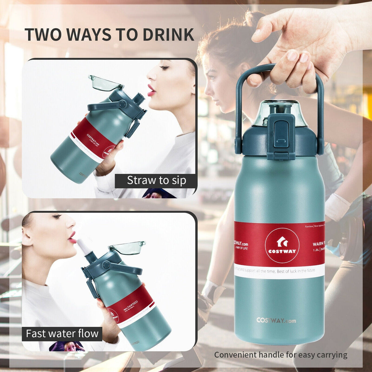 Botella de Agua Deportiva de Acero Inoxidable de 44oz con Aislamiento al Vacío, a Prueba de Fugas - Gris