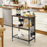 Carrito de servicio de cocina de 3 niveles con ruedas, estante utilitario para microondas con ganchos