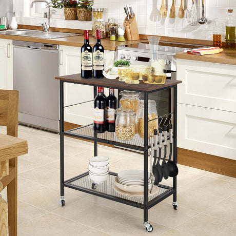 Carrito de servicio de cocina de 3 niveles con ruedas, estante utilitario para microondas con ganchos