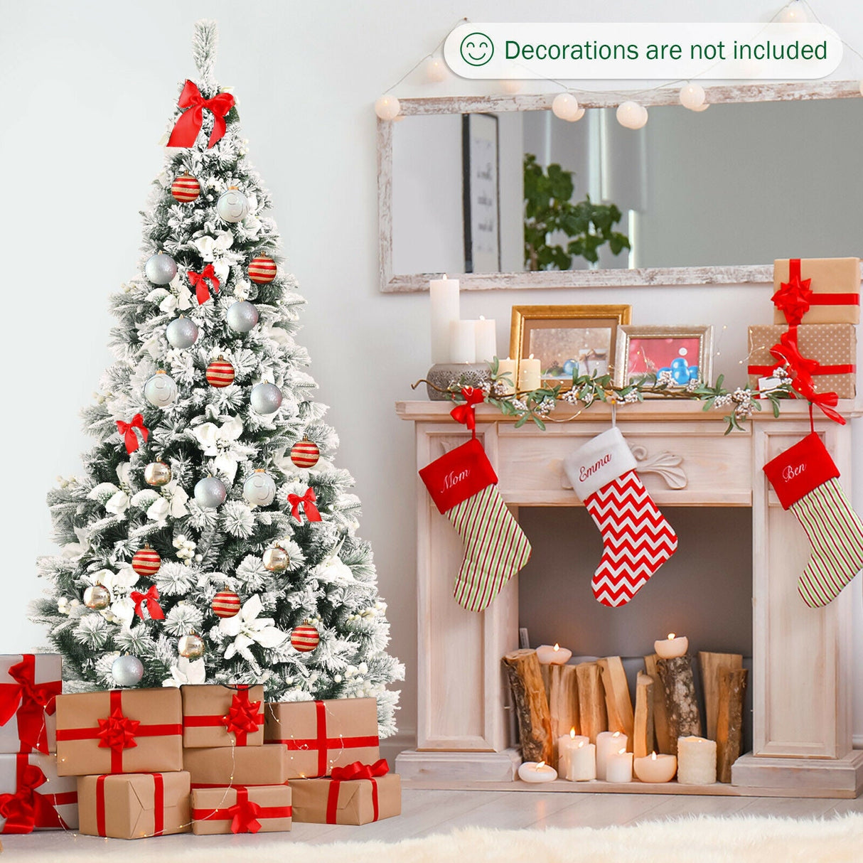 Árbol de Navidad Artificial de 1.83 m con Aspecto Nevado, Bisagras, Bayas y Flores de Pascua