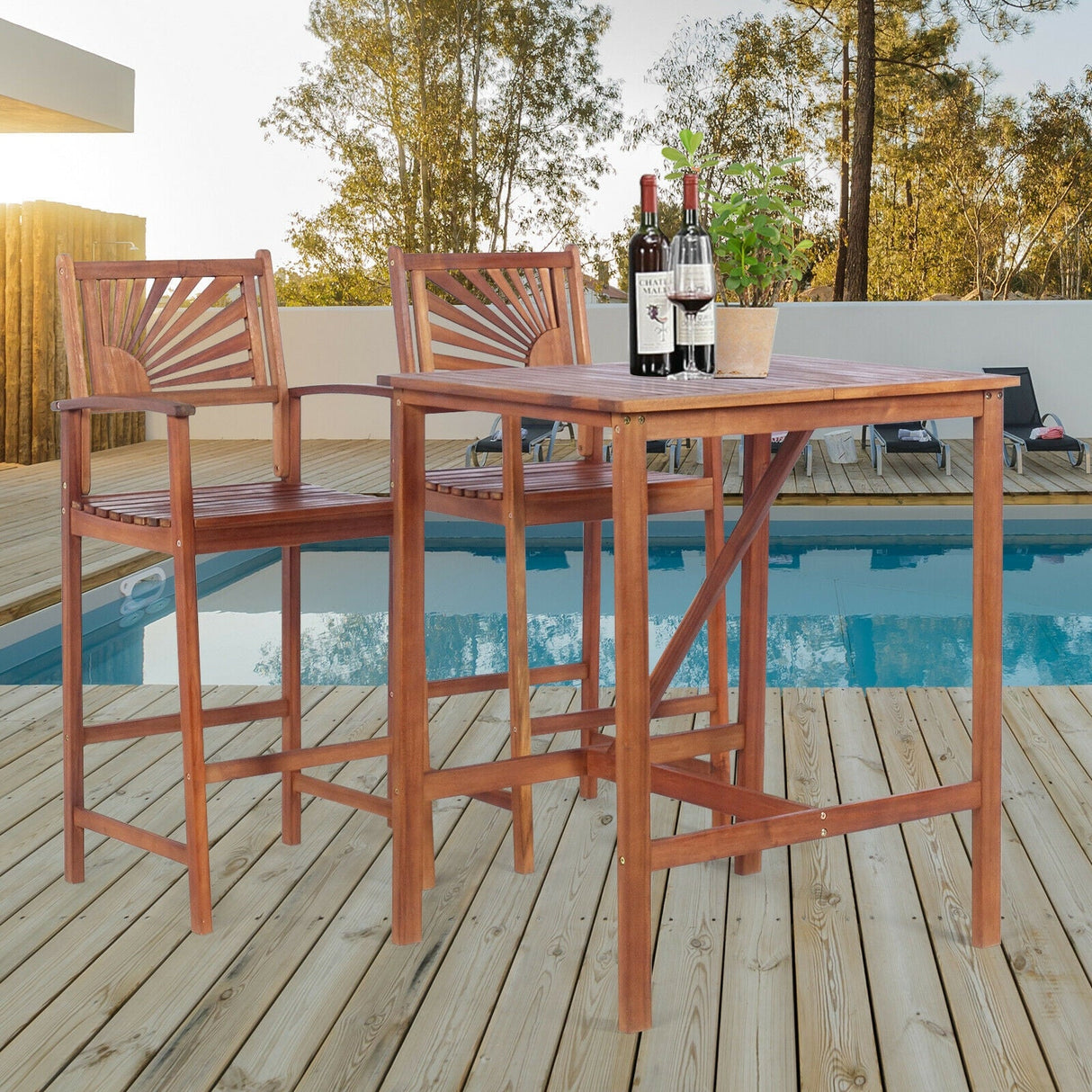 Juego de bar de patio de madera de acacia de 3 piezas con respaldo con estampado de girasol