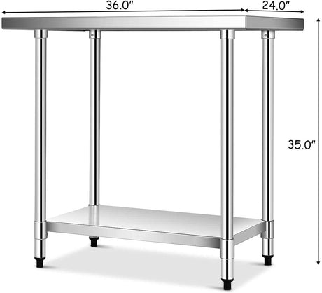 Mesa de preparación de alimentos comercial de acero inoxidable de 24 x 36 pulgadas