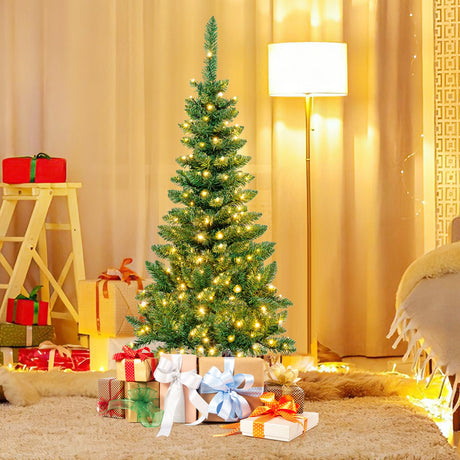 4.5 ft Pre-Lit Premium Hinged Artificial Fir Pencil Christmas Tree with LED Lights