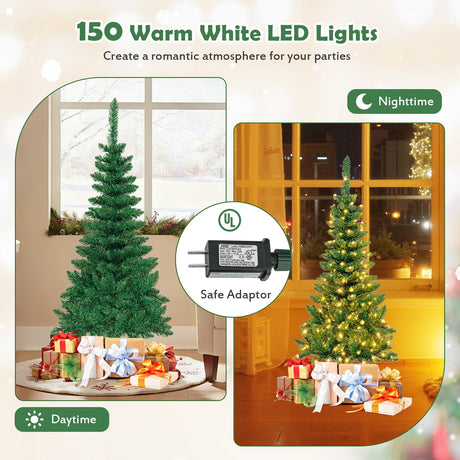 4.5 ft Pre-Lit Premium Hinged Artificial Fir Pencil Christmas Tree with LED Lights