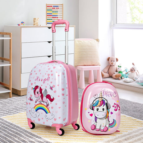 Juego de equipaje para niños de 2 piezas, mochila de 12 pulgadas y maleta de cabina con ruedas para niños de 16 pulgadas