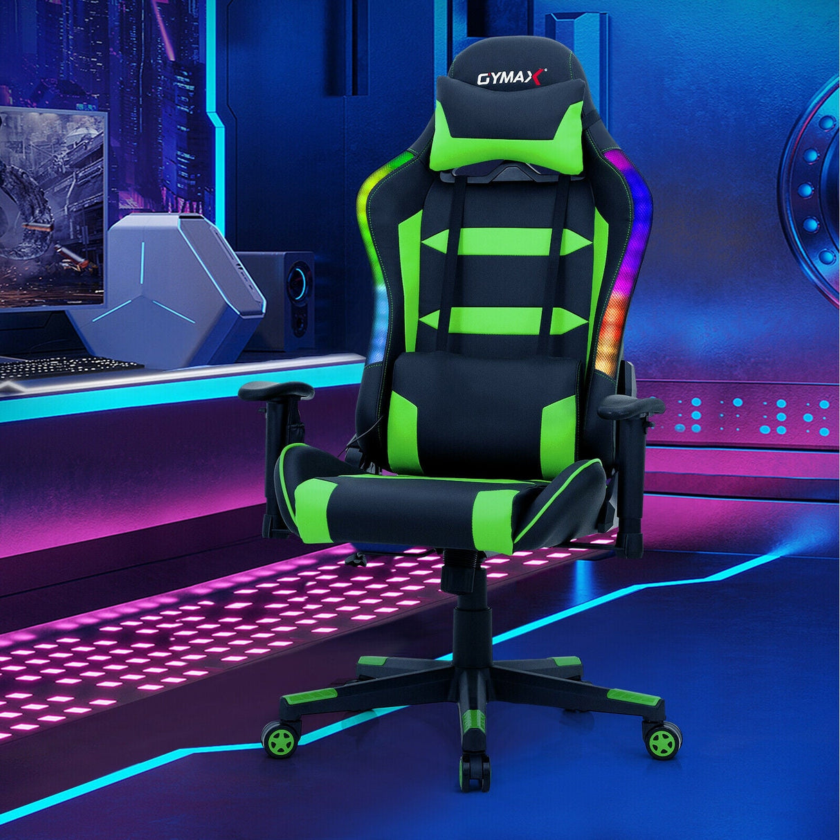 Silla Gaming Giratoria Ajustable con Luces LED y Mando a Distancia
