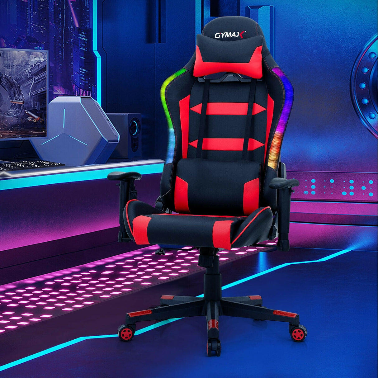 Silla Gaming Giratoria Ajustable con Luces LED y Mando a Distancia