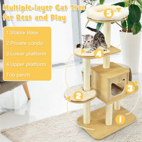 Torre para gatos moderna de madera de 4 niveles con alfombrillas lavables - Nogal