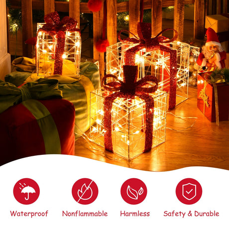 3 Cajas de regalo iluminadas de Navidad con 60 luces LED para interiores y exteriores