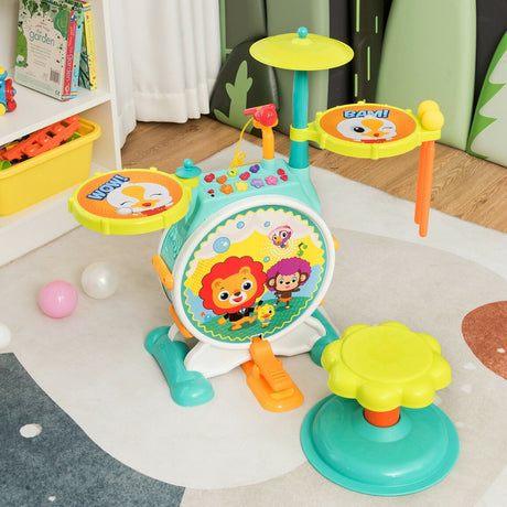 Juego de batería eléctrica infantil de 3 piezas con micrófono, taburete y pedal