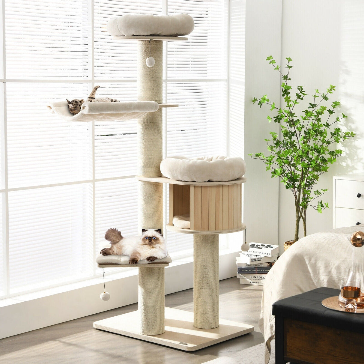 Árbol para gatos de madera de 4 niveles y 68.5 pulgadas, torre de actividades con postes de sisal - Natural