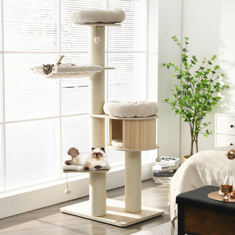 Árbol para gatos de madera de 4 niveles y 68.5 pulgadas, torre de actividades con postes de sisal - Natural