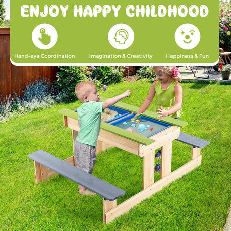 Mesa de agua y arena de madera para niños, 3 en 1, para exteriores, con cajas de juegos