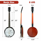 Banjo profesional Sonart de tamaño completo de 39 pulgadas y 6 cuerdas con 24 tensores y espalda abierta