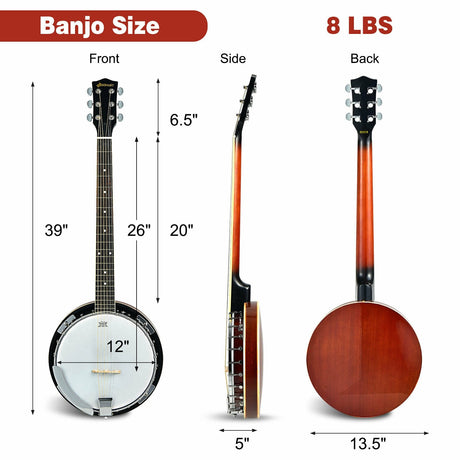 Banjo profesional Sonart de tamaño completo de 39 pulgadas y 6 cuerdas con 24 tensores y espalda abierta