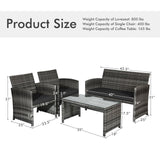 4 Pieces Patio Rattan Furniture Set with Glass Table and Loveseat-Gray