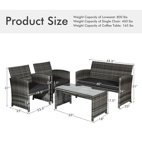 Juego de muebles de patio de ratán de 4 piezas con mesa de cristal y sofá de dos plazas - Gris