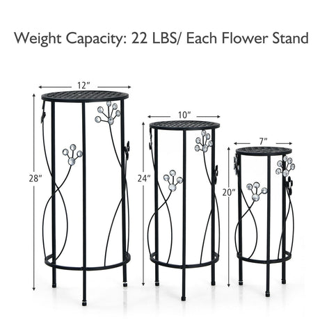 Set de 3 soportes de metal para plantas con detalles florales de cristal redondos - Negros
