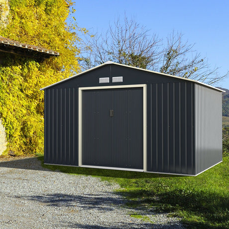 Cobertizo de almacenamiento metálico de 11 x 8 pies para jardín y herramientas con 2 puertas correderas con cerradura - Gris
