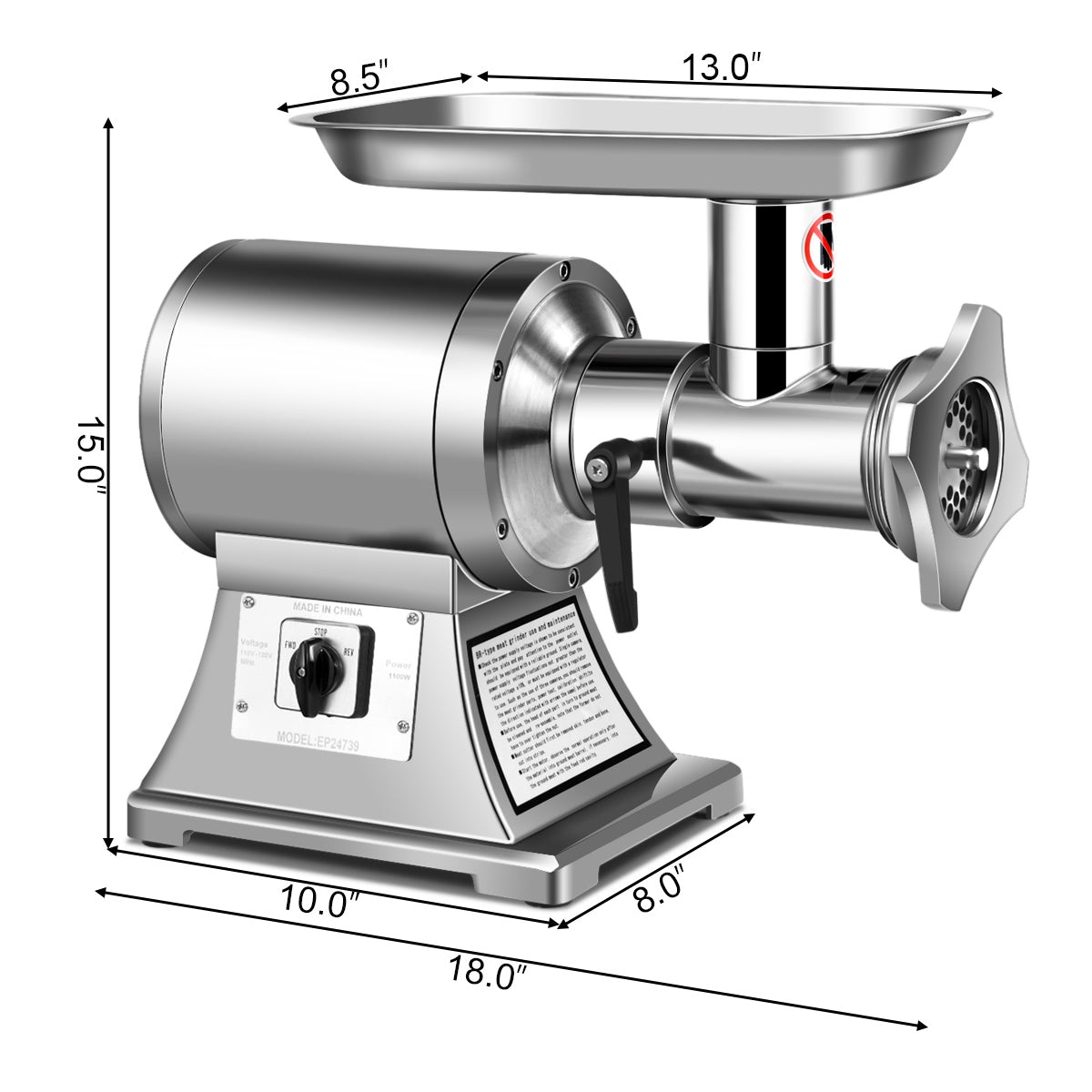 Picadora de carne comercial de alta resistencia de 1.5HP 1100W 550LB/h