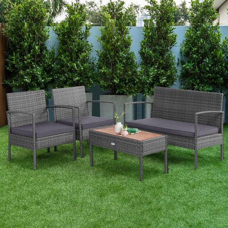 Juego de muebles de conversación para patio de ratán de 4 piezas con mesa de madera de acacia