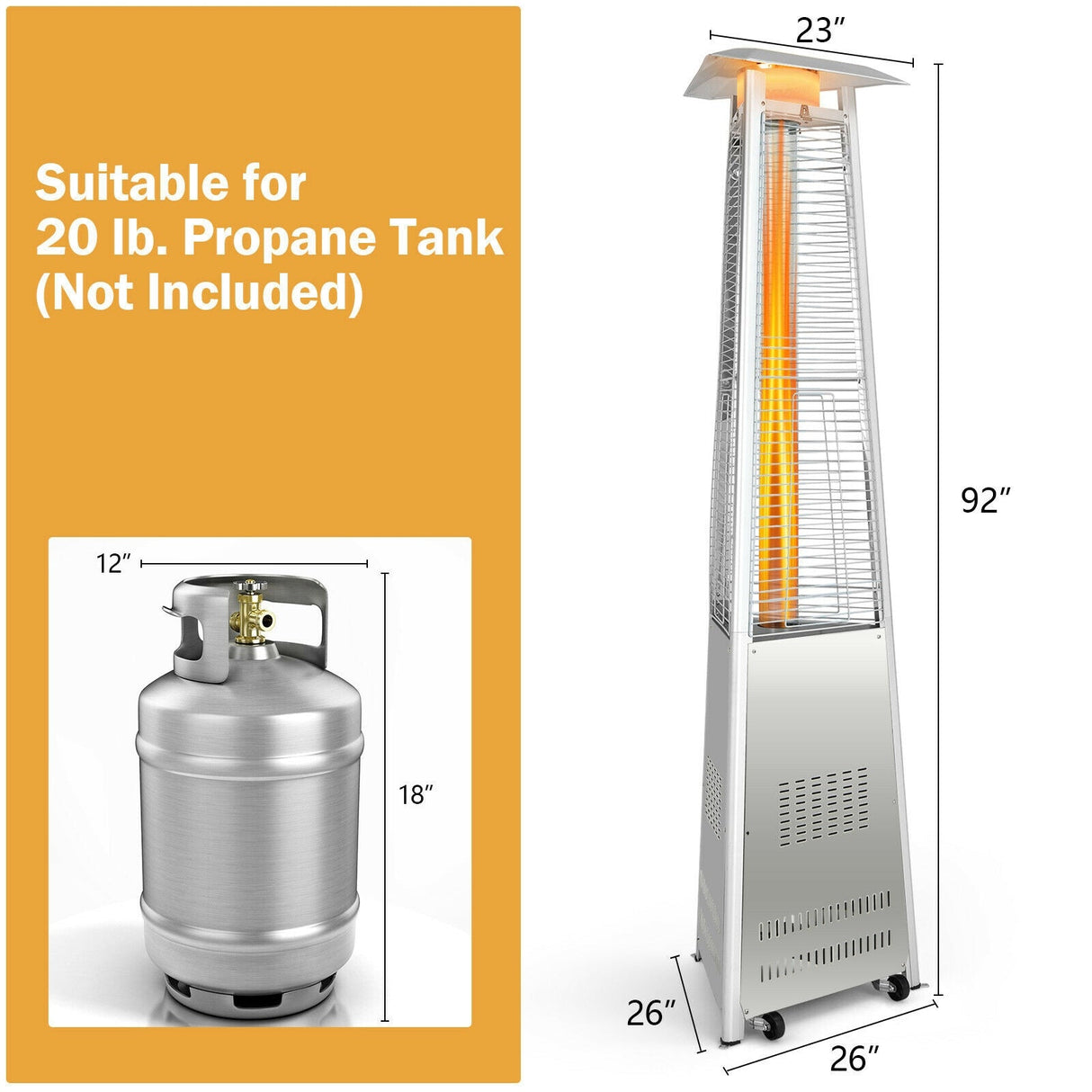 Calentador de Patio Piramidal de Acero Inoxidable de 42 000 BTU con Ruedas