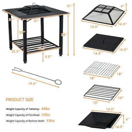 Mesa de comedor para brasero de exterior de 31 pulgadas con parrilla para barbacoa