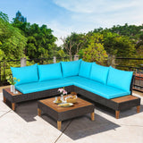 Juego de muebles de ratán acolchados para patio de 4 piezas con mesa auxiliar de madera